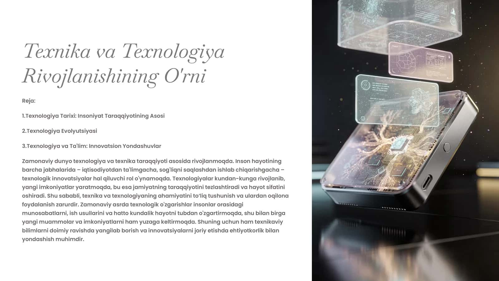 Texnika va Texnologiya Rivojlanishining O'rni