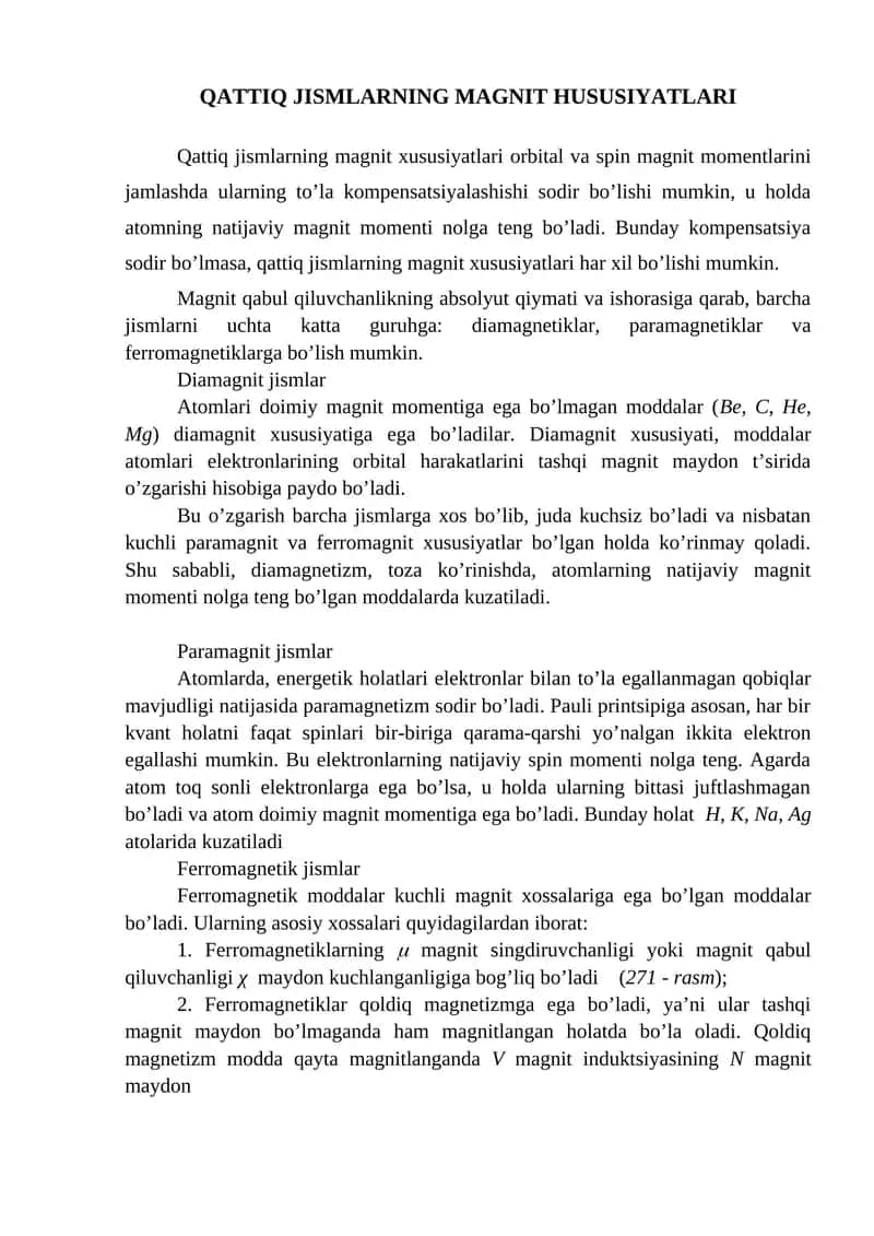 Qattiq jismlarning magnit hususiyatlari