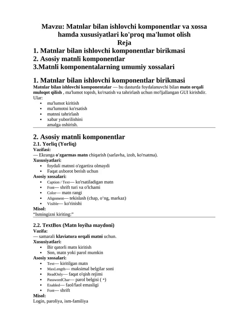 Matnlar bilan ishlovchi komponentlar va xossalari