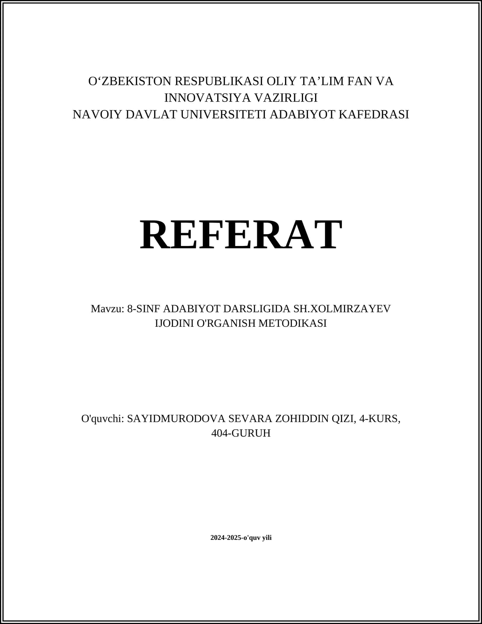 Sh.Xolmirzayev Ijodini O'rganish Metodikasi