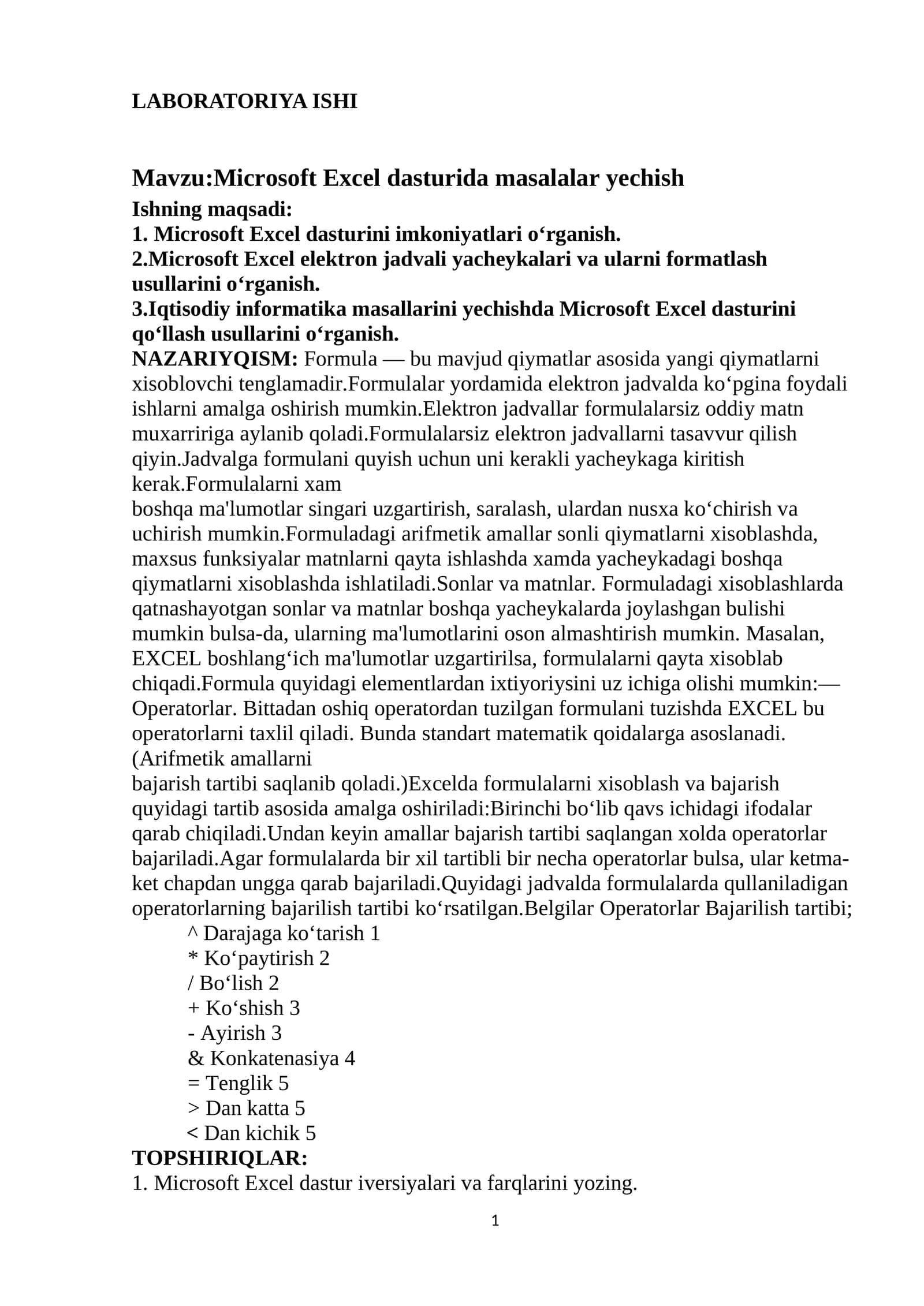 Microsoft Excel dasturida masalalar yechish