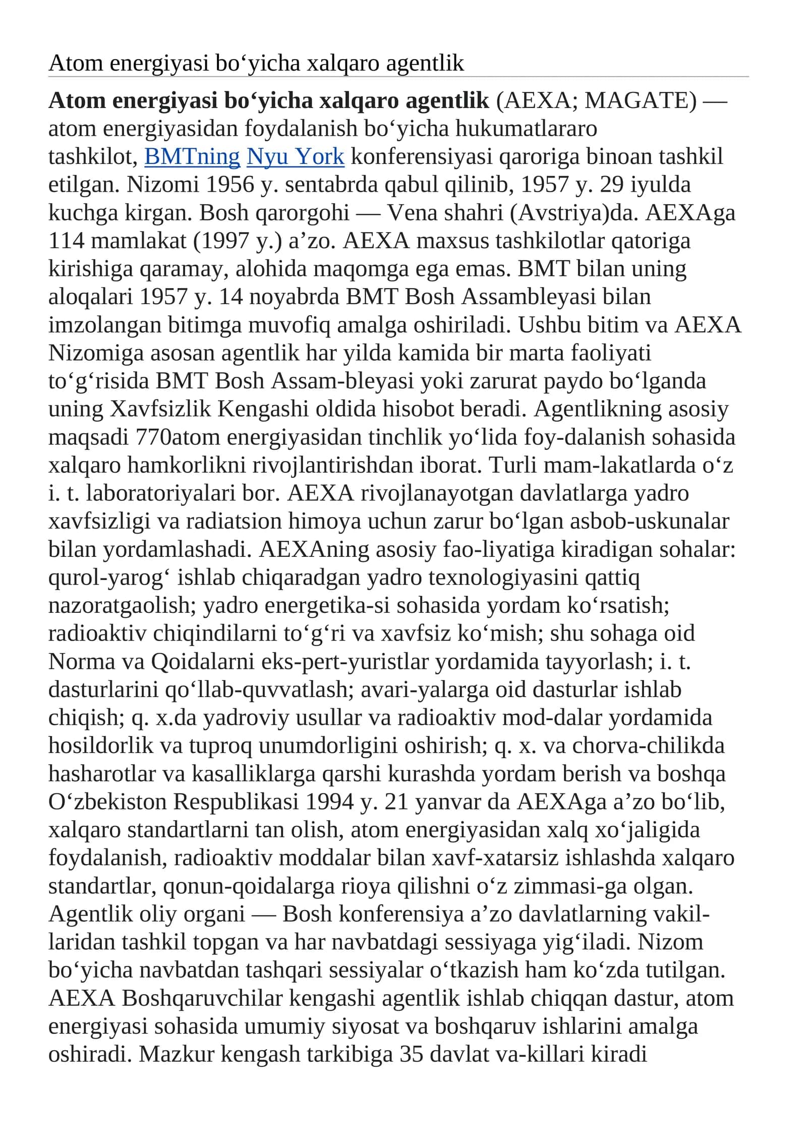 Atom energiyasi bo‘yicha xalqaro agentlik