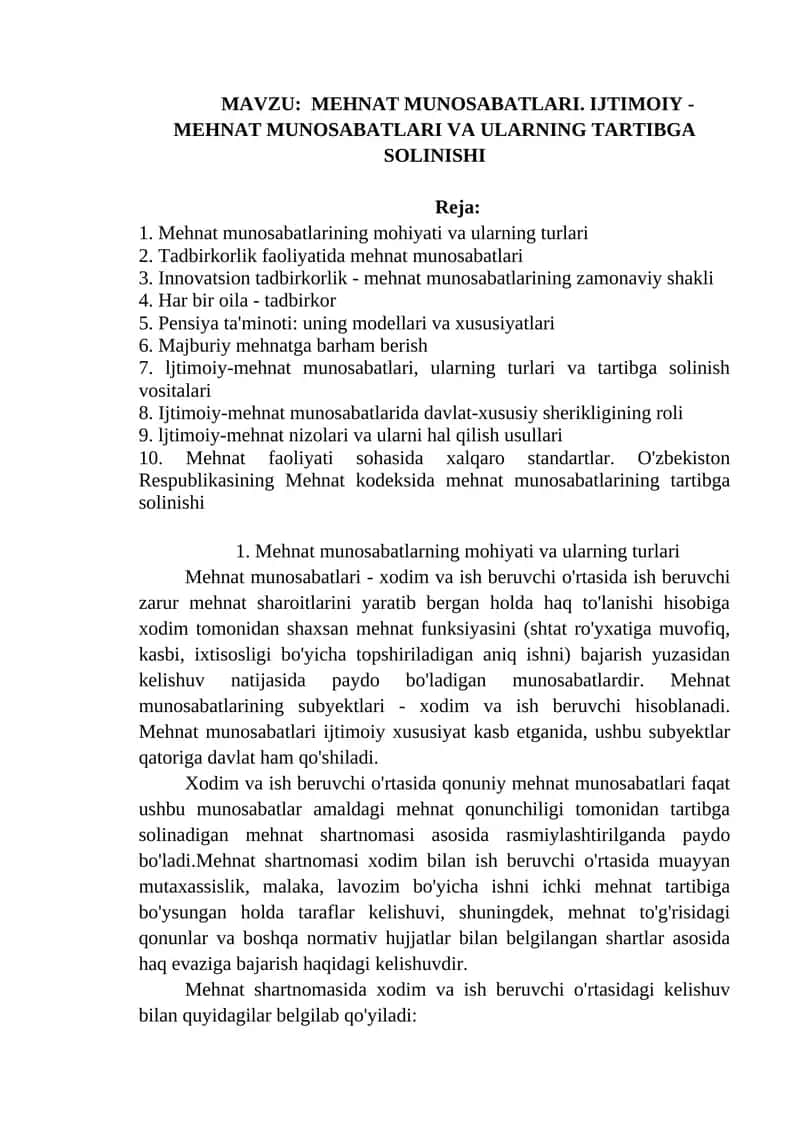 MEHNAT MUNOSABATLARI