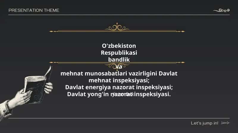 O'zbekiston Respublikasi bandlik va mehnat munosabatlari vazirligini Davlat mehnat inspeksiyasi; Davlat energiya nazorat inspeksiyasi; Davlat yong'in nazorat inspeksiyasi