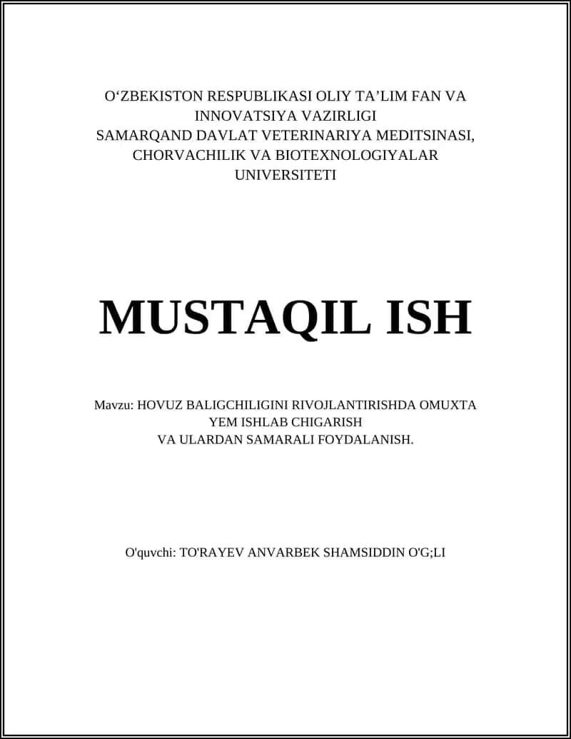 HOVUZ BALIGCHILIGINI RIVOJLANTIRISHDA OMUXTA YEM ISHLAB CHIGARISH VA ULARDAN SAMARALI FOYDALANISH