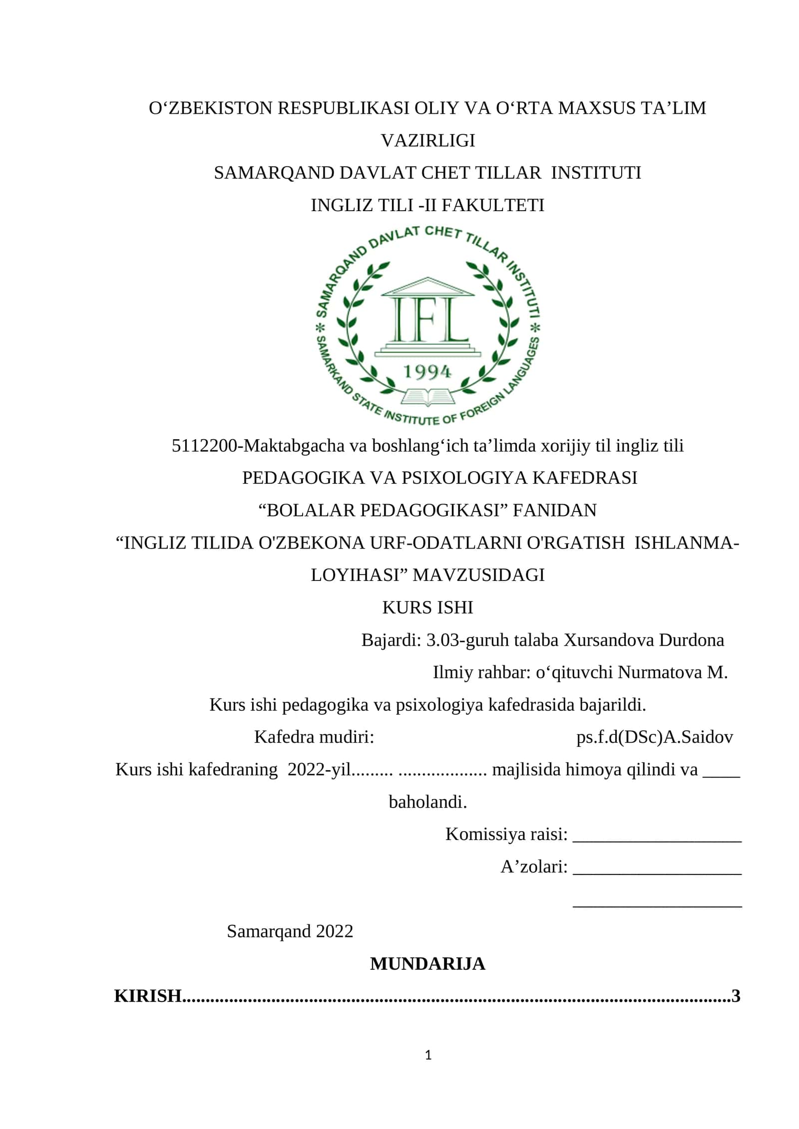 INGLIZ TILIDA O'ZBEKONA URF-ODATLARNI O'RGATISH ISHLANMA-LOYIHASI