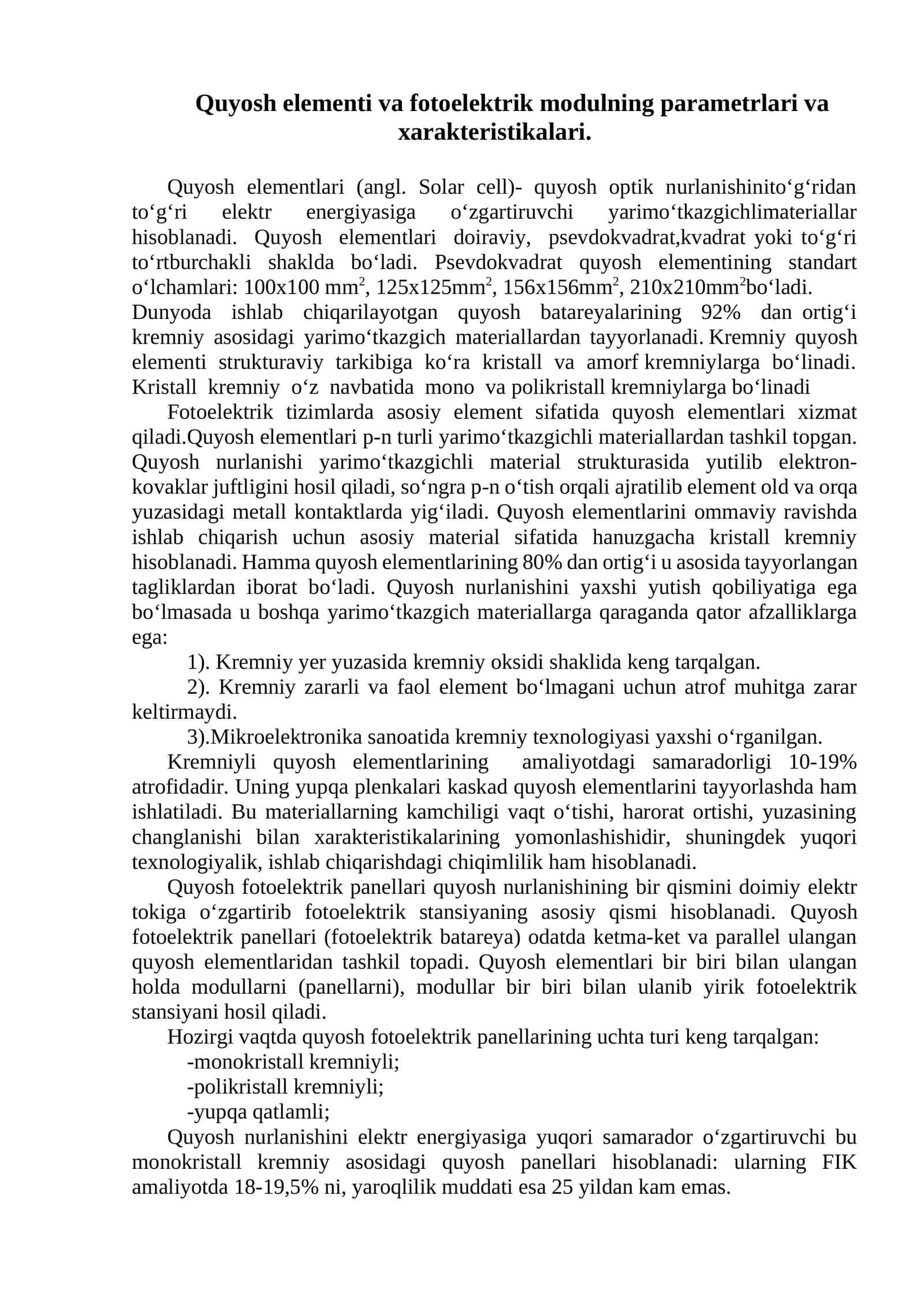 Quyosh elementi va fotoelektrik modulning parametrlari va xarakteristikalari