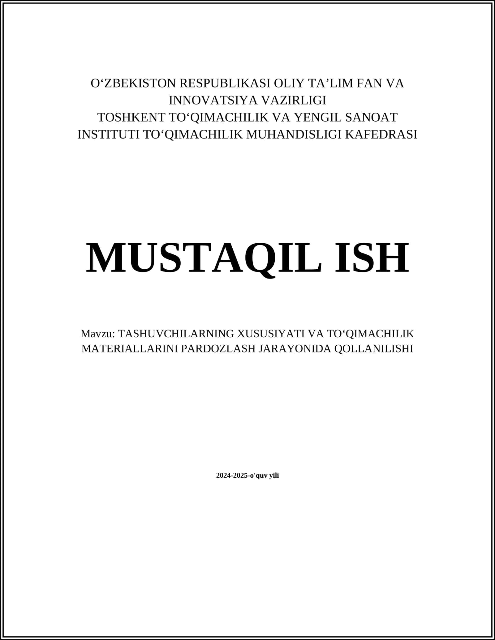 TASHUVCHILARNING XUSUSIYATI VA TOʻQIMACHILIK MATERIALLARINI PARDOZLASH JARAYONIDA QOLLANILISHI