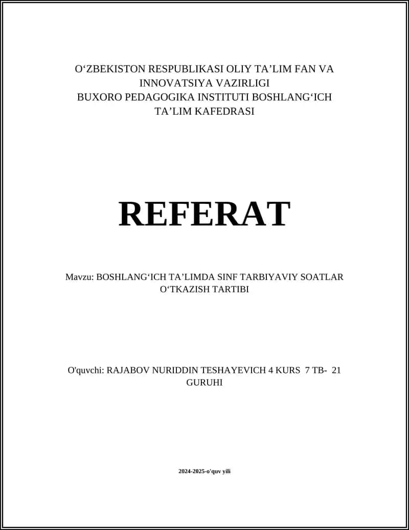BOSHLANGʻICH TAʼLIMDA SINF TARBIYAVIY SOATLAR OʻTKAZISH TARTIBI