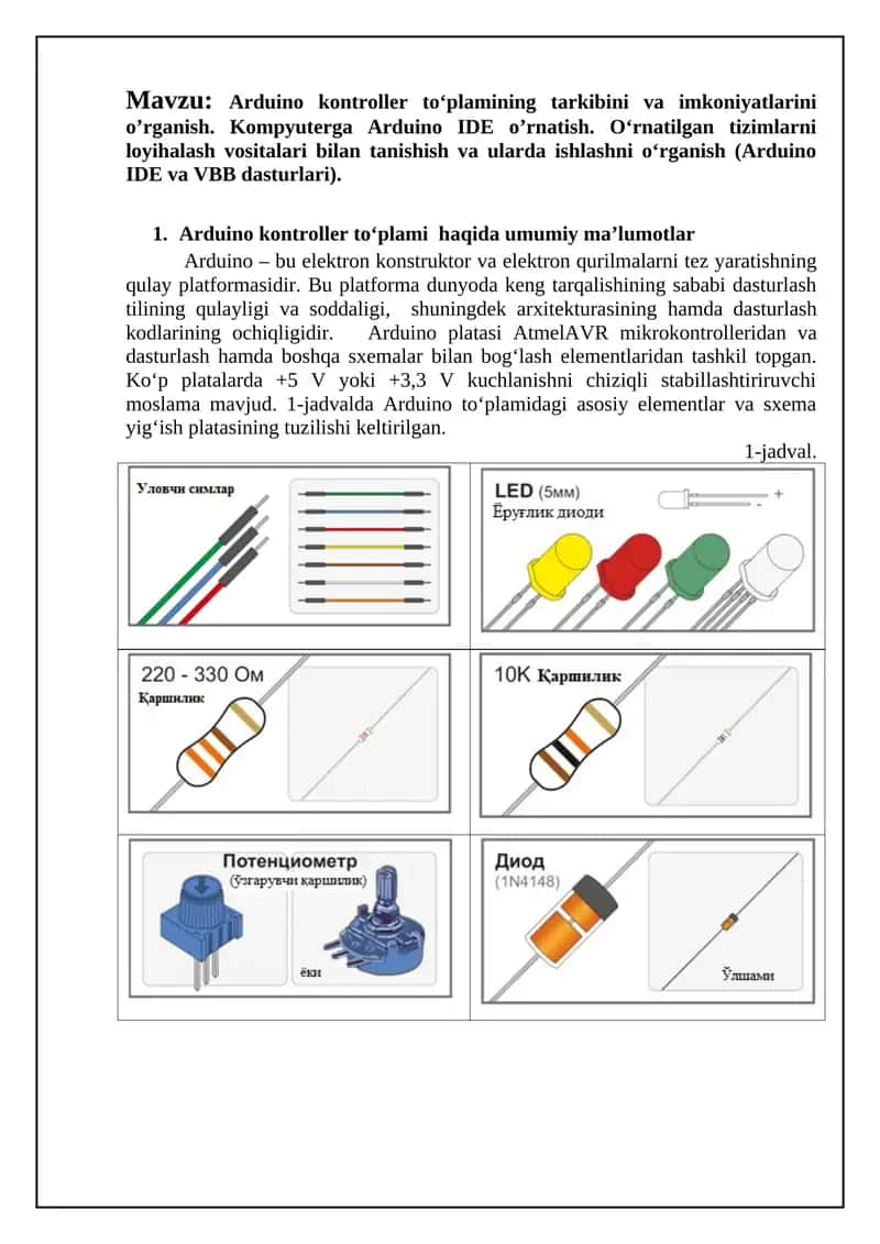 Arduino kontroller tо‘plamining tarkibini va imkoniyatlarini o’rganish