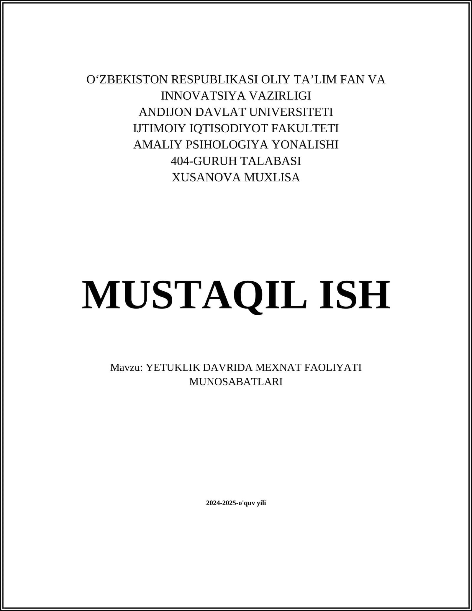 YETUKLIK DAVRIDA MEXNAT FAOLIYATI MUNOSABATLARI
