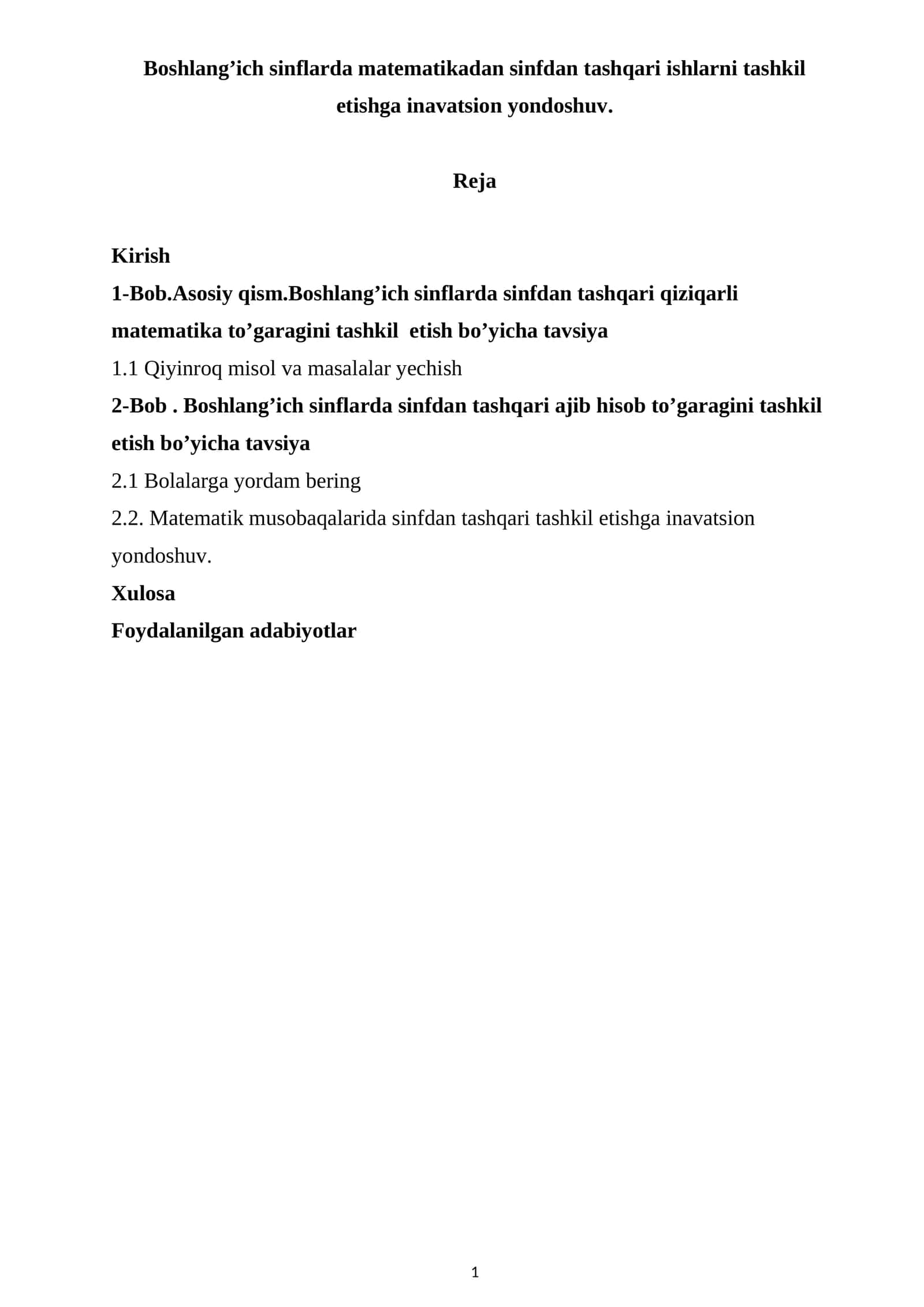 Boshlang’ich sinflarda matematikadan sinfdan tashqari ishlarni tashkil etishga inavatsion yondoshuv