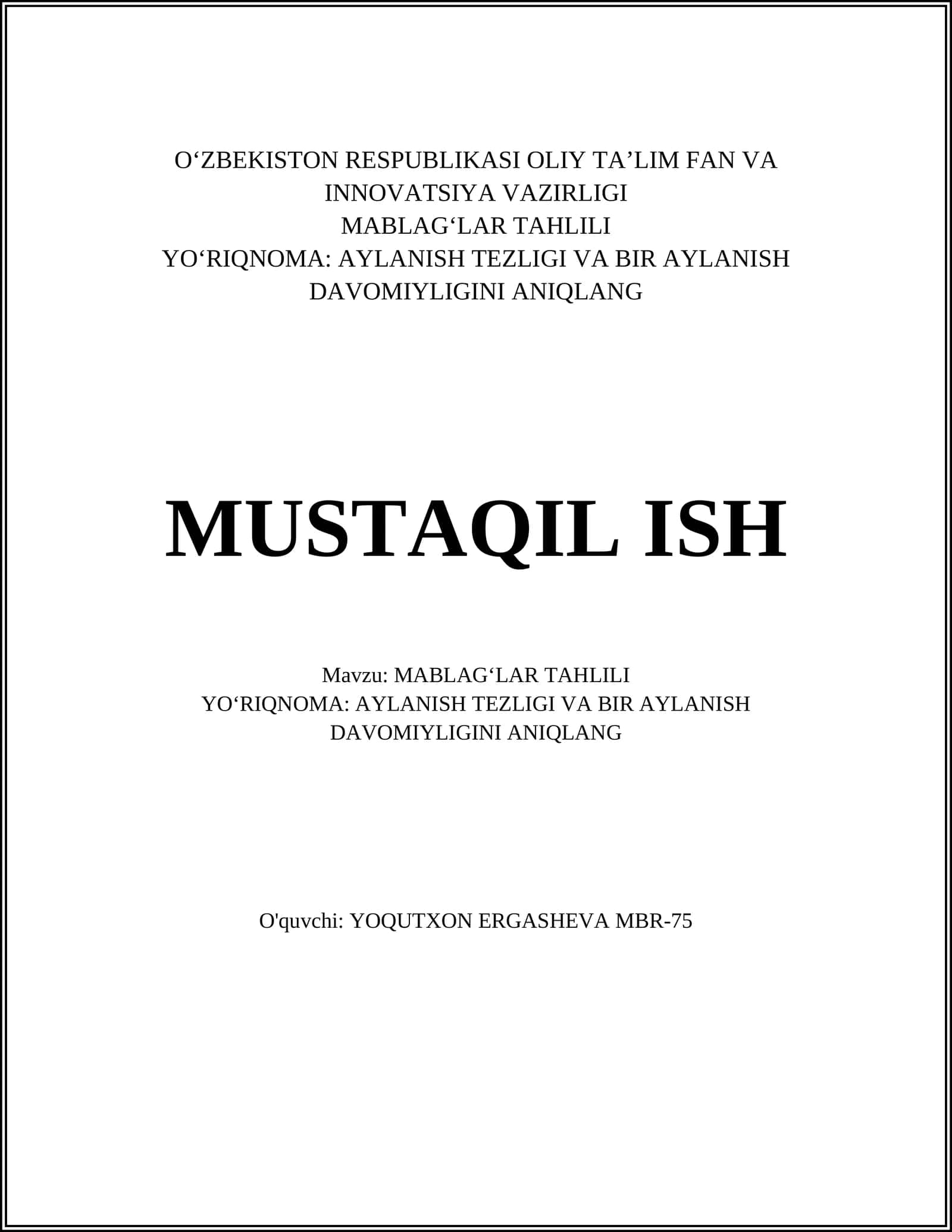MABLAGʻLAR TAHLILI