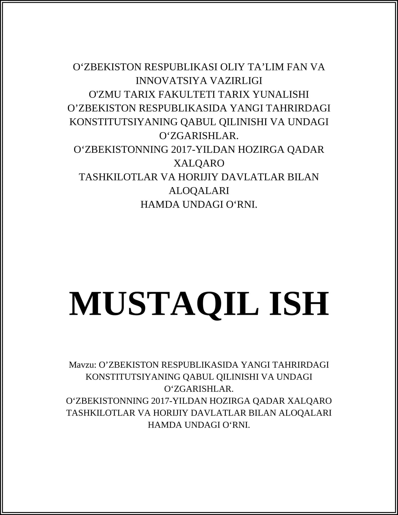O'ZMU TARIX FAKULTETI TARIX YUNALISHI