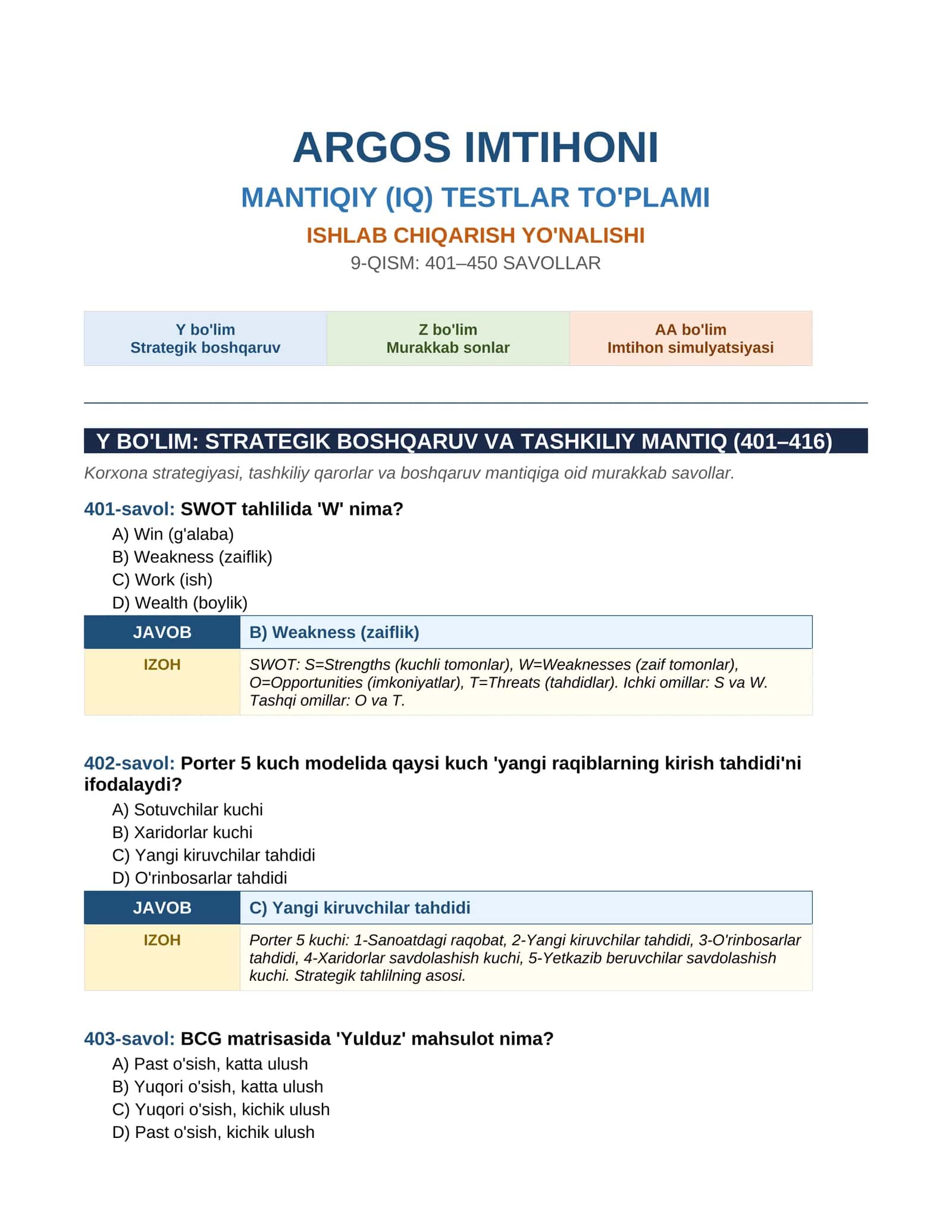 ARGOS IMTIHONI MANTIQIY (IQ) TESTLAR TO'PLAMI