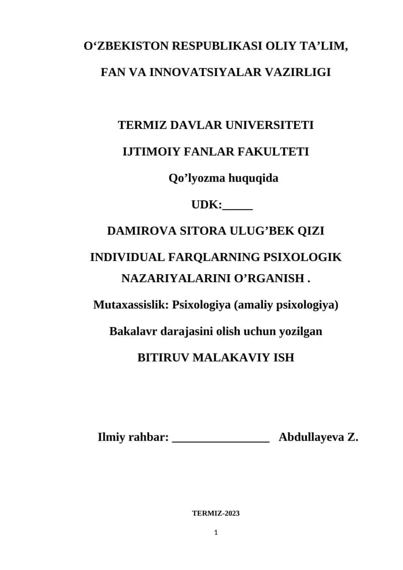 Individual farqlarning psixologik nazariyalarini o’rganish