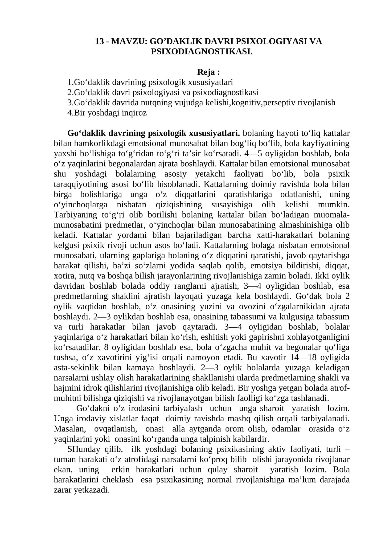GO’DAKLIK DAVRI PSIXOLOGIYASI VA PSIXODIAGNOSTIKASI