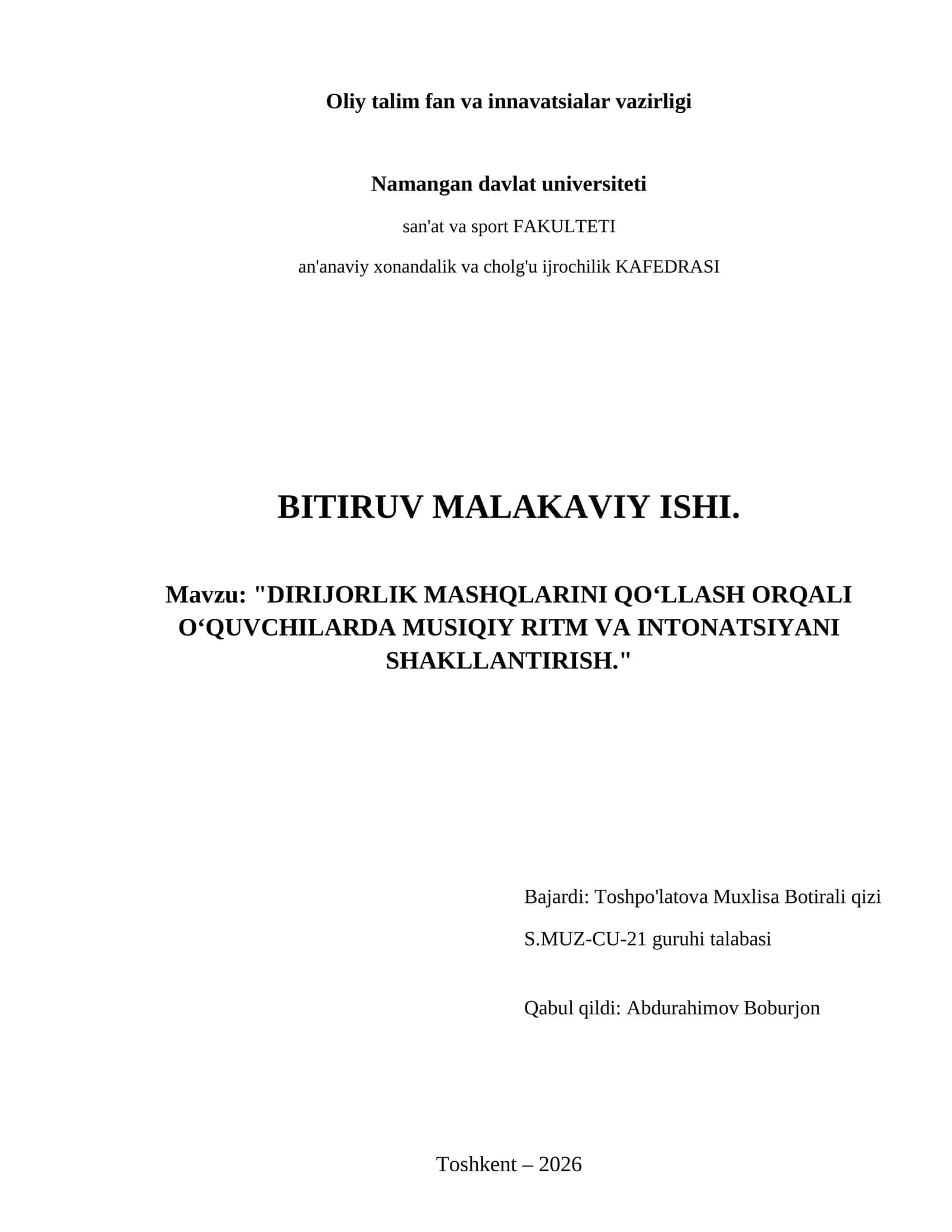 Dirijorlik mashqlarini qo‘llash orqali o‘quvchilarda musiqiy ritm va intonatsiyani shakllantirish.