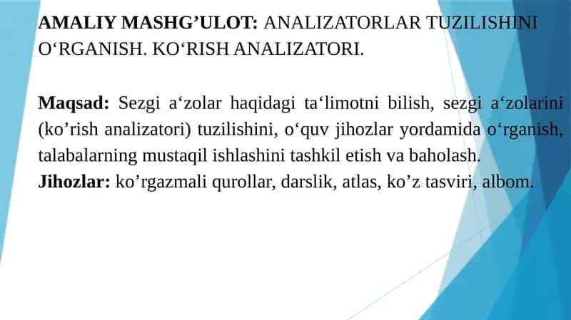 ANALIZATORLAR TUZILISHINI O‘RGANISH. KO‘RISH ANALIZATORI.