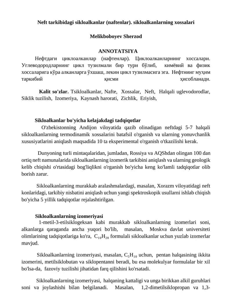 Neft tarkibidagi sikloalkanlar