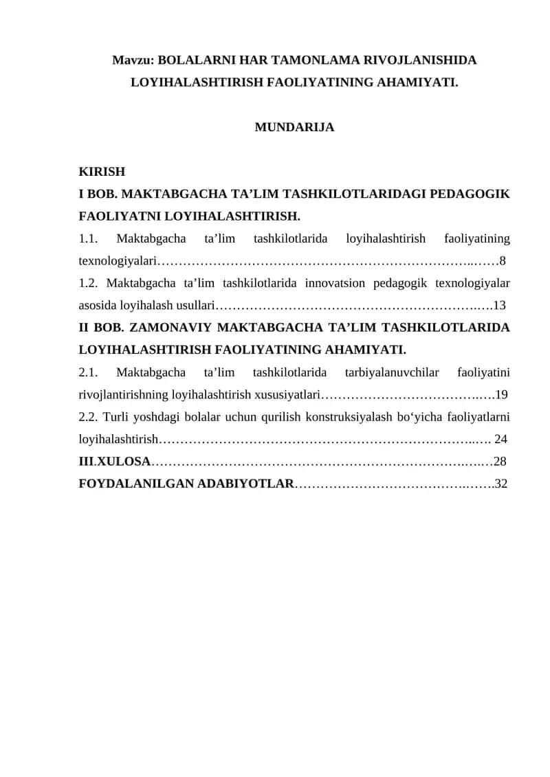 Maktabgacha Ta'lim Tashkilotlarida Loyihalashtirish Faoliyatining Ahmiyatı