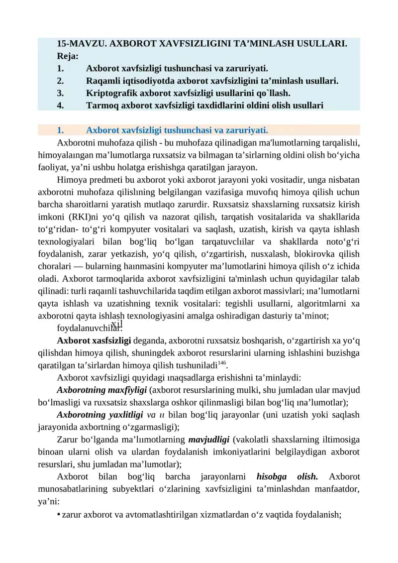 AXBOROT XAVFSIZLIGINI TA’MINLASH USULLARI