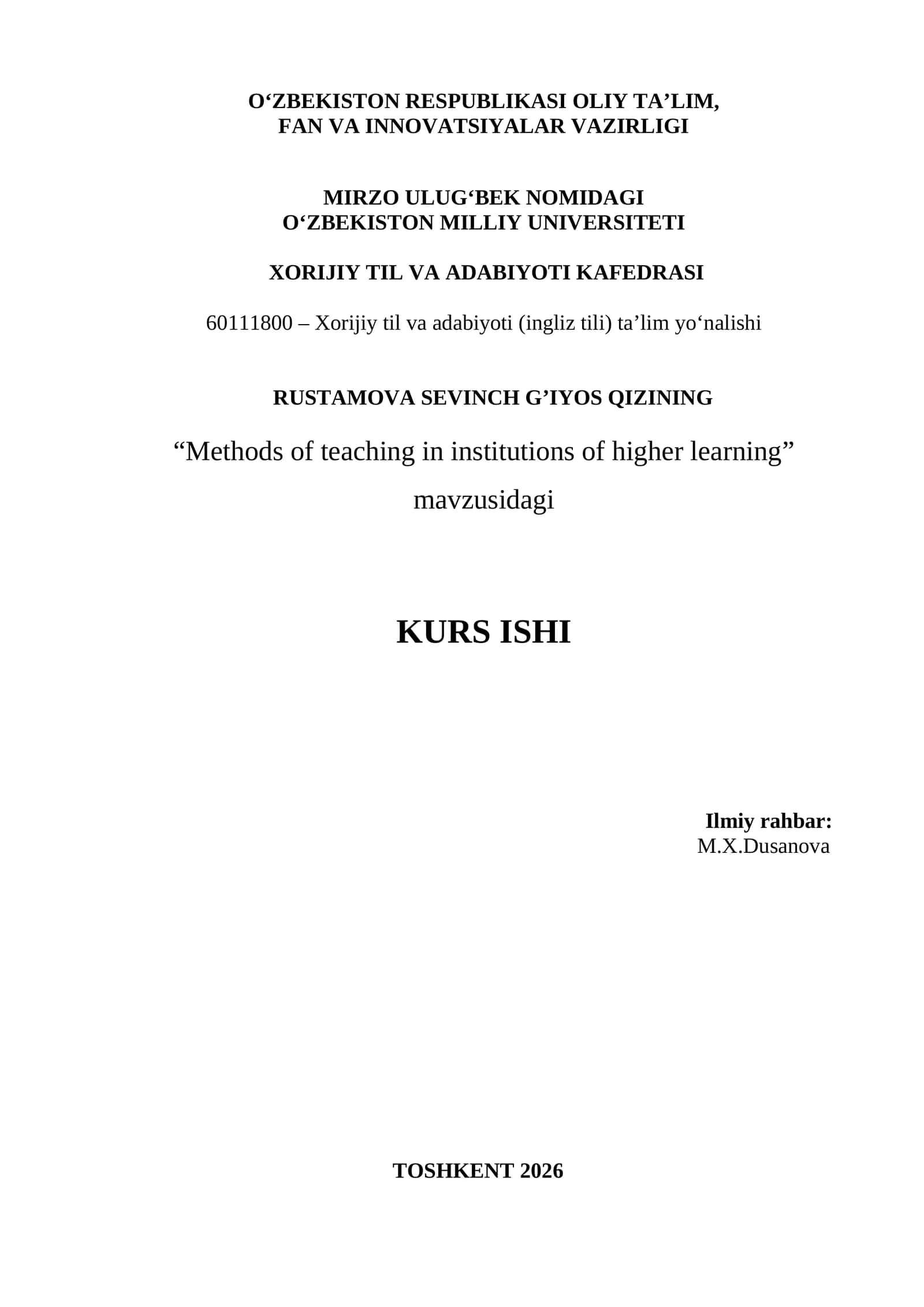 Methods of teaching in institutions of higher learning