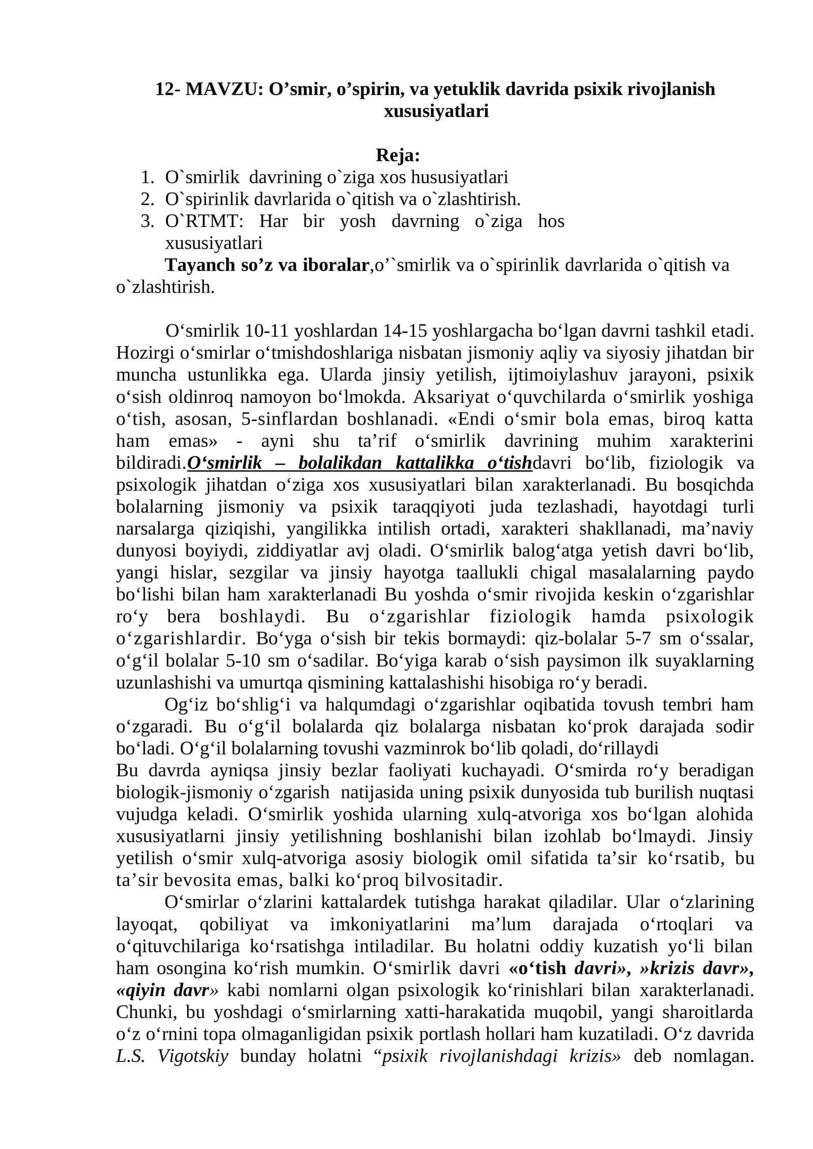 O’smir, o’spirin, va yetuklik davrida psixik rivojlanish xususiyatlari
