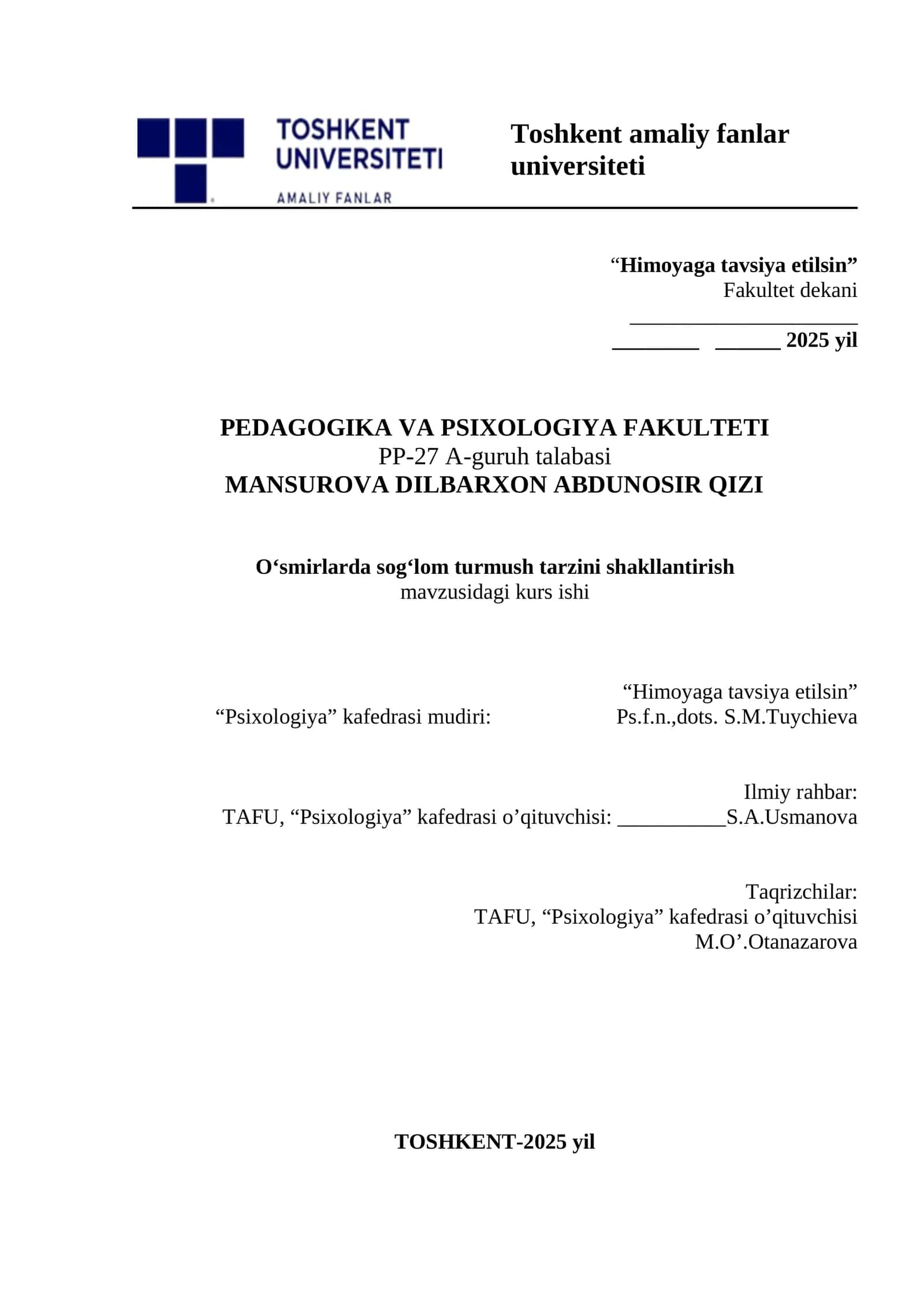 O‘smirlarda sog‘lom turmush tarzini shakllantirish