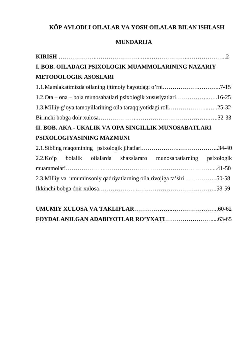 KÔP AVLODLI OILALAR VA YOSH OILALAR BILAN ISHLASH