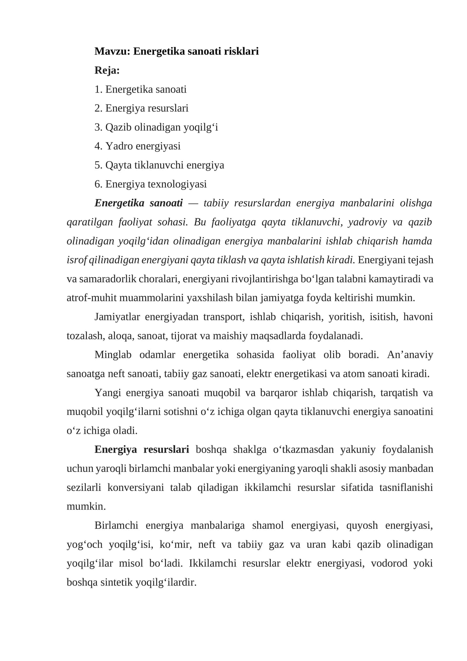 Energetika sanoati risklari