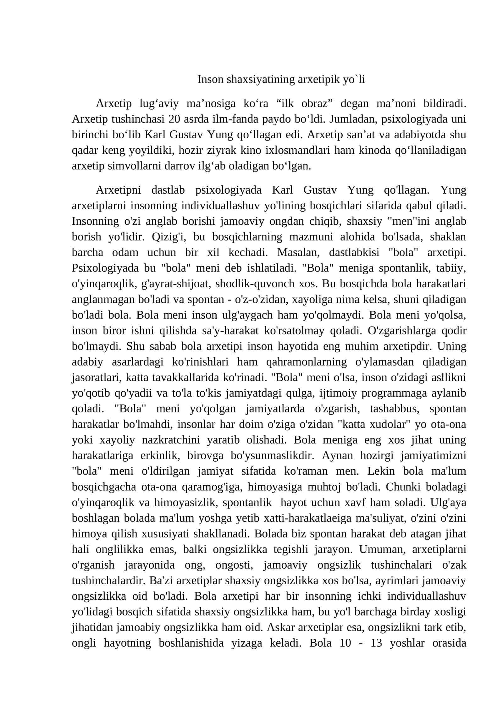 Inson shaxsiyatining arxetipik yo`li