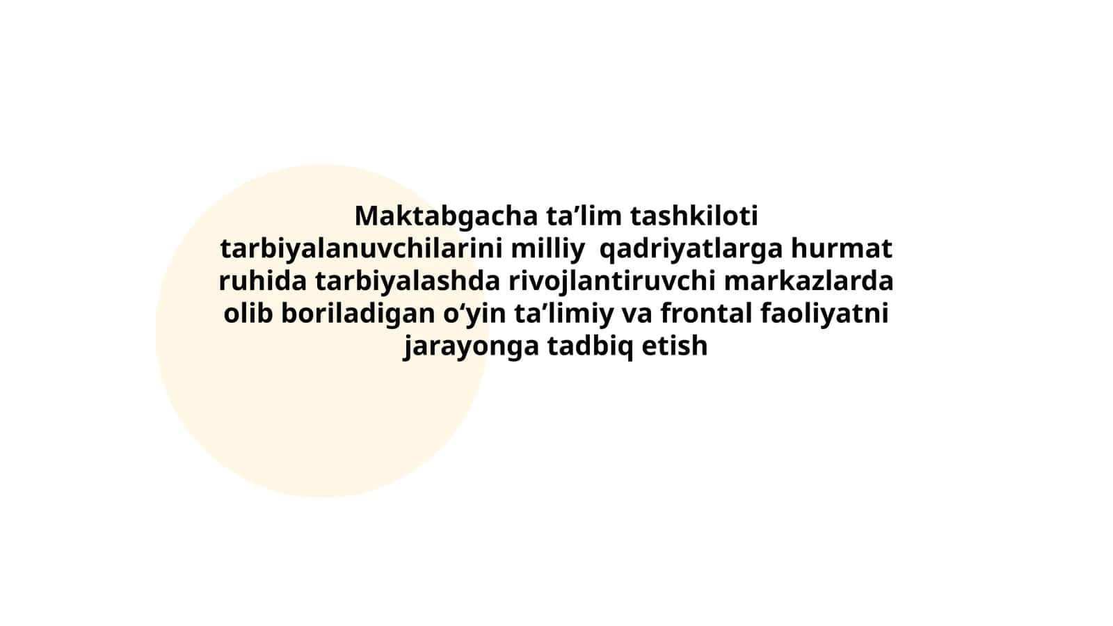 Maktabgacha taʼlim tashkiloti tarbiyalanuvchilarini milliy qadriyatlarga hurmat ruhida tarbiyalashda rivojlantiruvchi markazlarda olib boriladigan oʻyin taʼlimiy va frontal faoliyatni jarayonga tadbiq etish