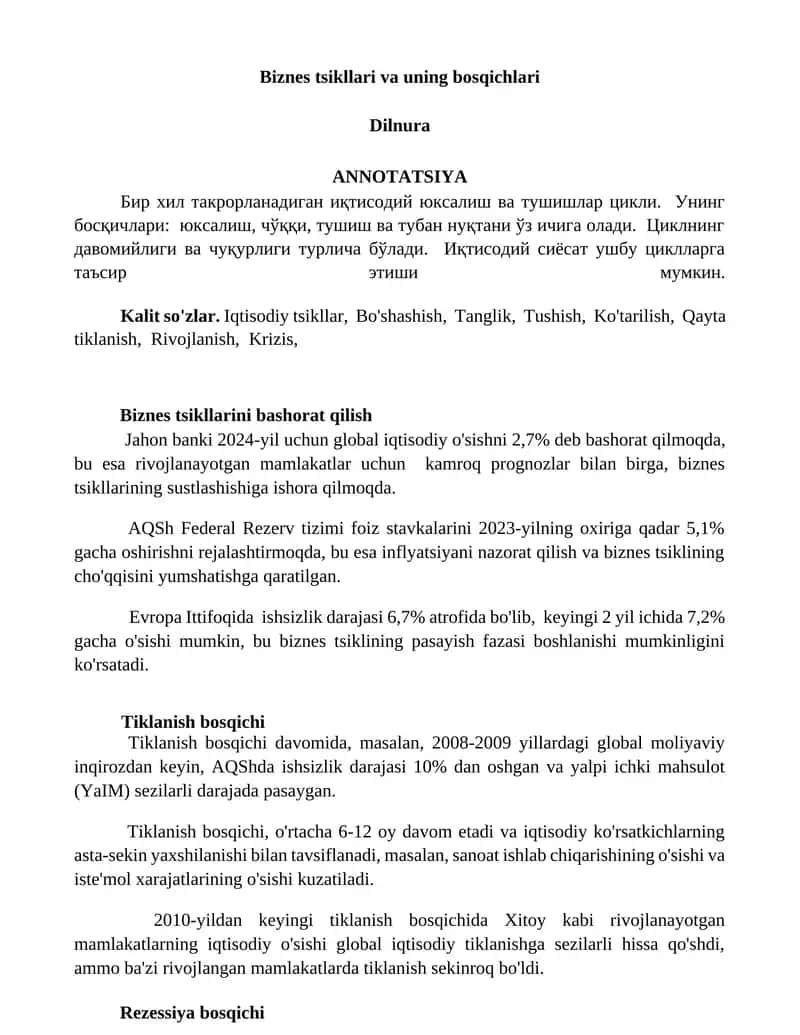 Biznes tsikllari va uning bosqichlari