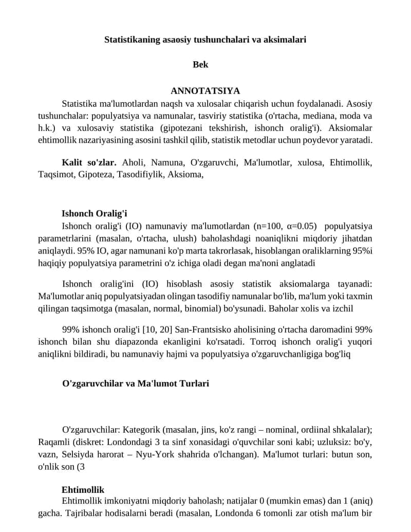 Statistikaning asaosiy tushunchalari va aksimalari