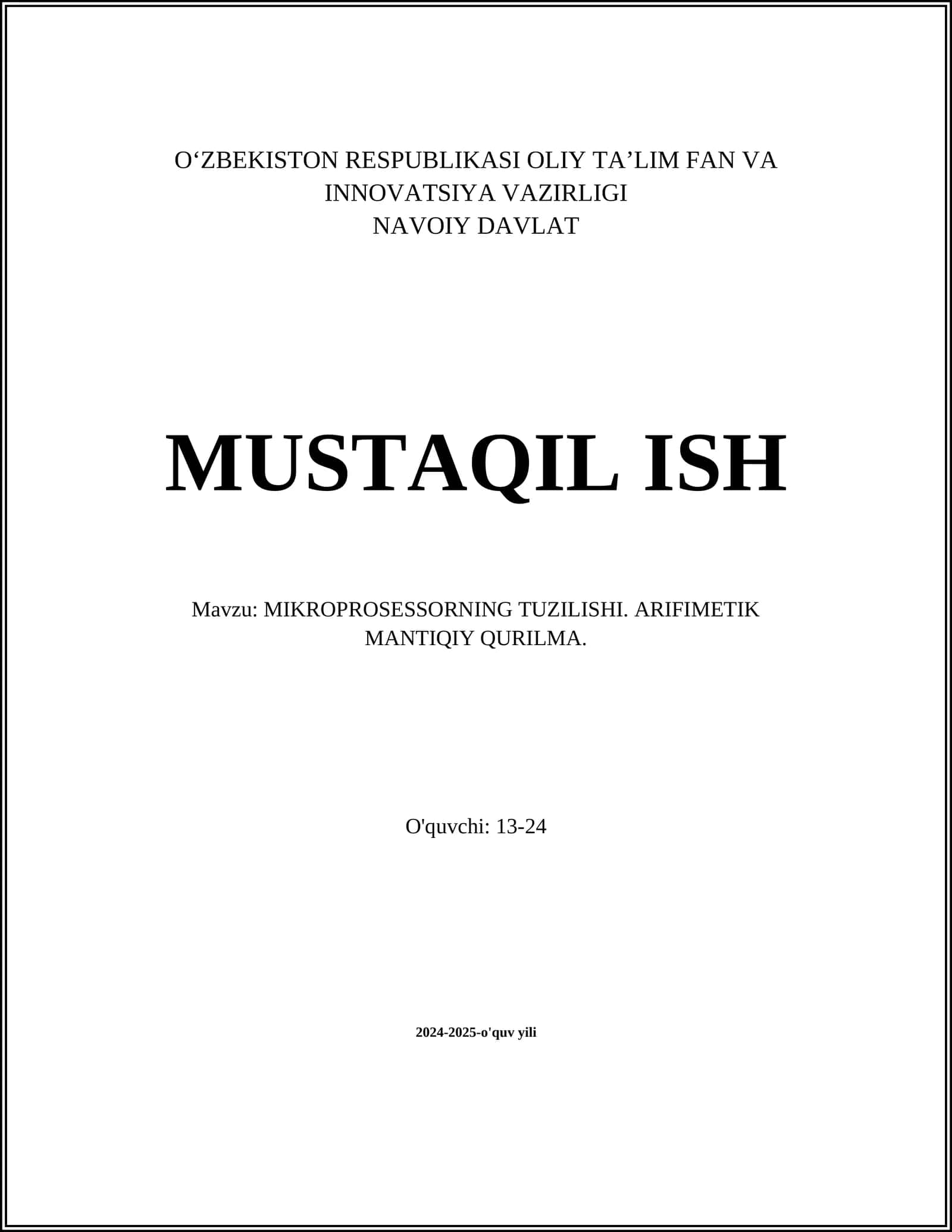 MIKROPROSESSORNING TUZILISHI. ARIFIMETIK MANTIQIY QURILMA