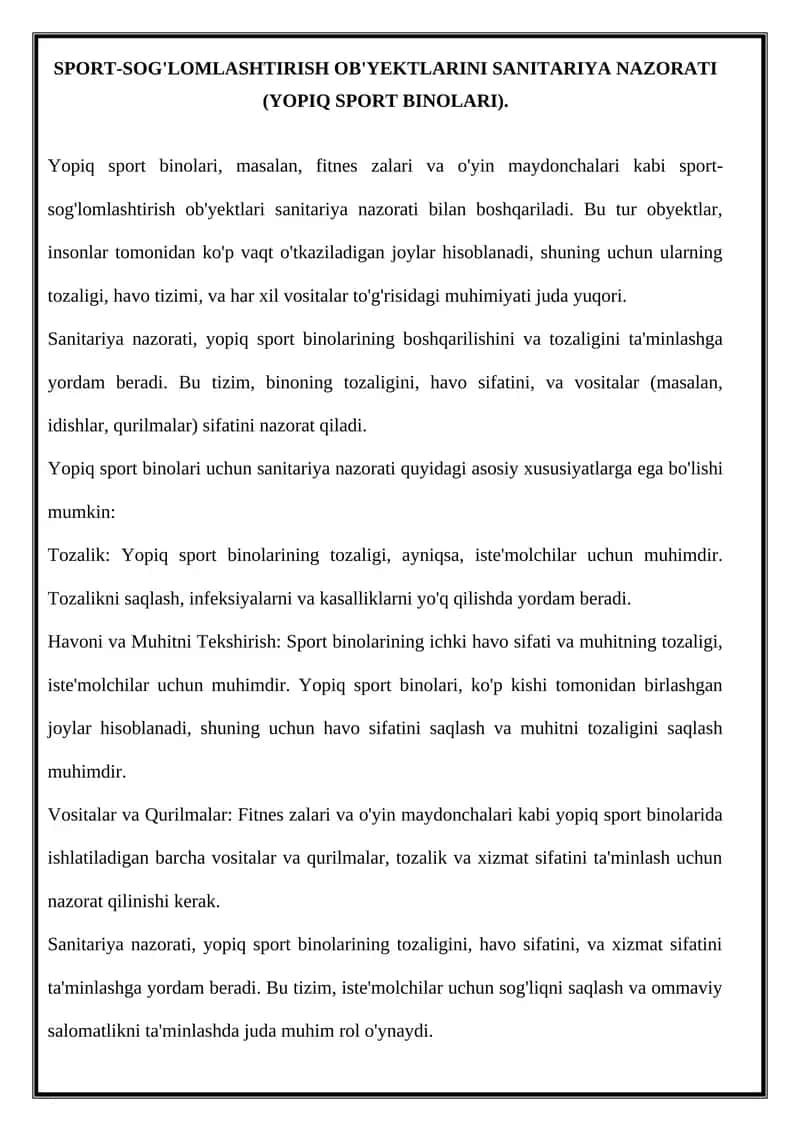 SPORT-SOG'LOMLASHTIRISH OB'YEKTLARINI SANITARIYA NAZORATI (YOPIQ SPORT BINOLARI)