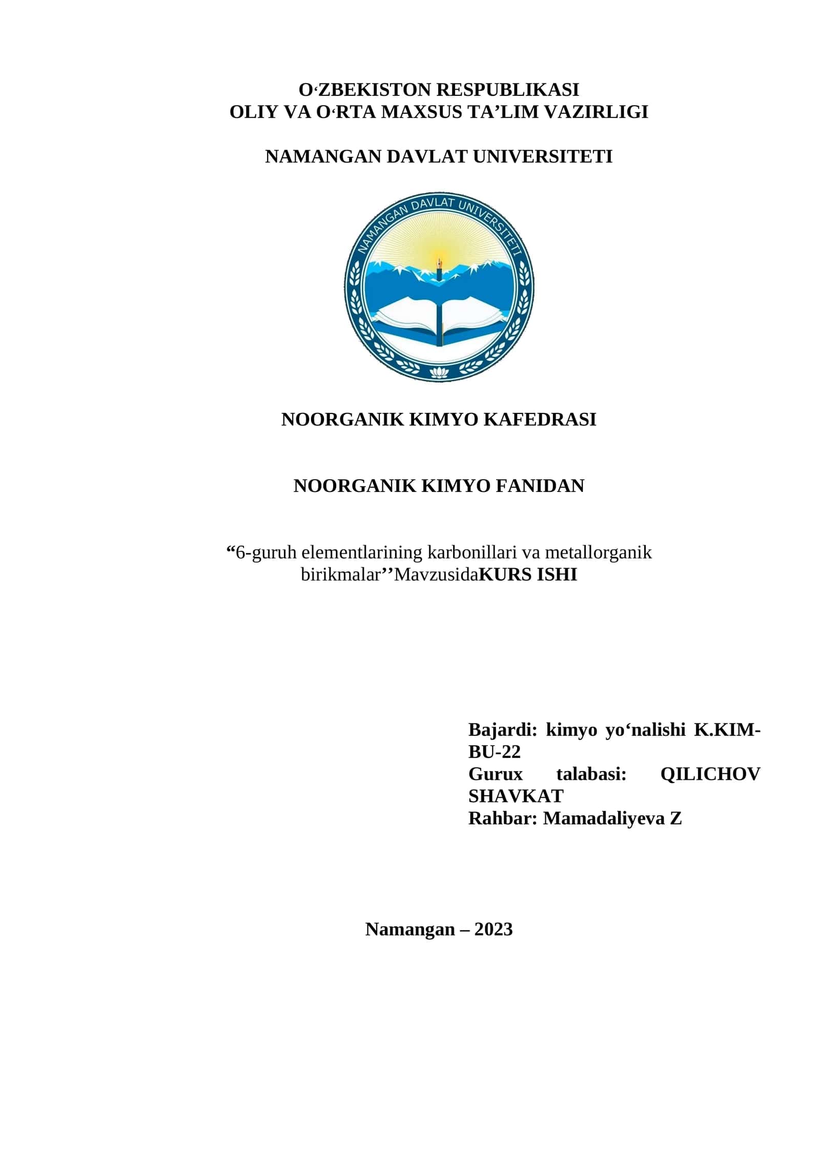 6-guruh elementlarining karbonillari va metallorganik birikmalar