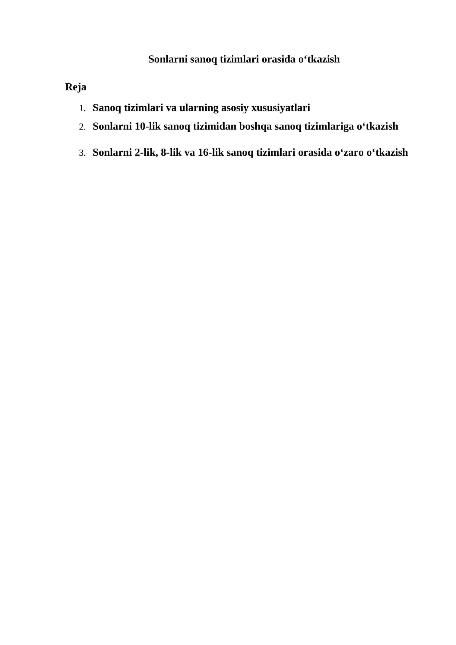 Sonlarni sanoq tizimlari orasida o‘tkazish