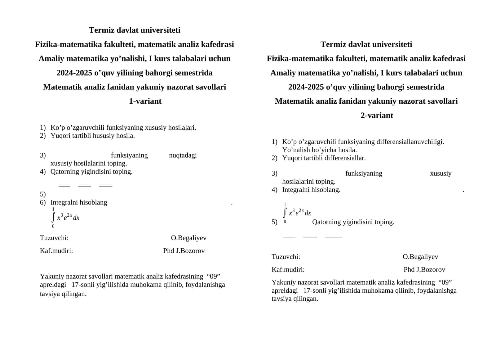 Matematik analiz fanidan yakuniy nazorat savollari