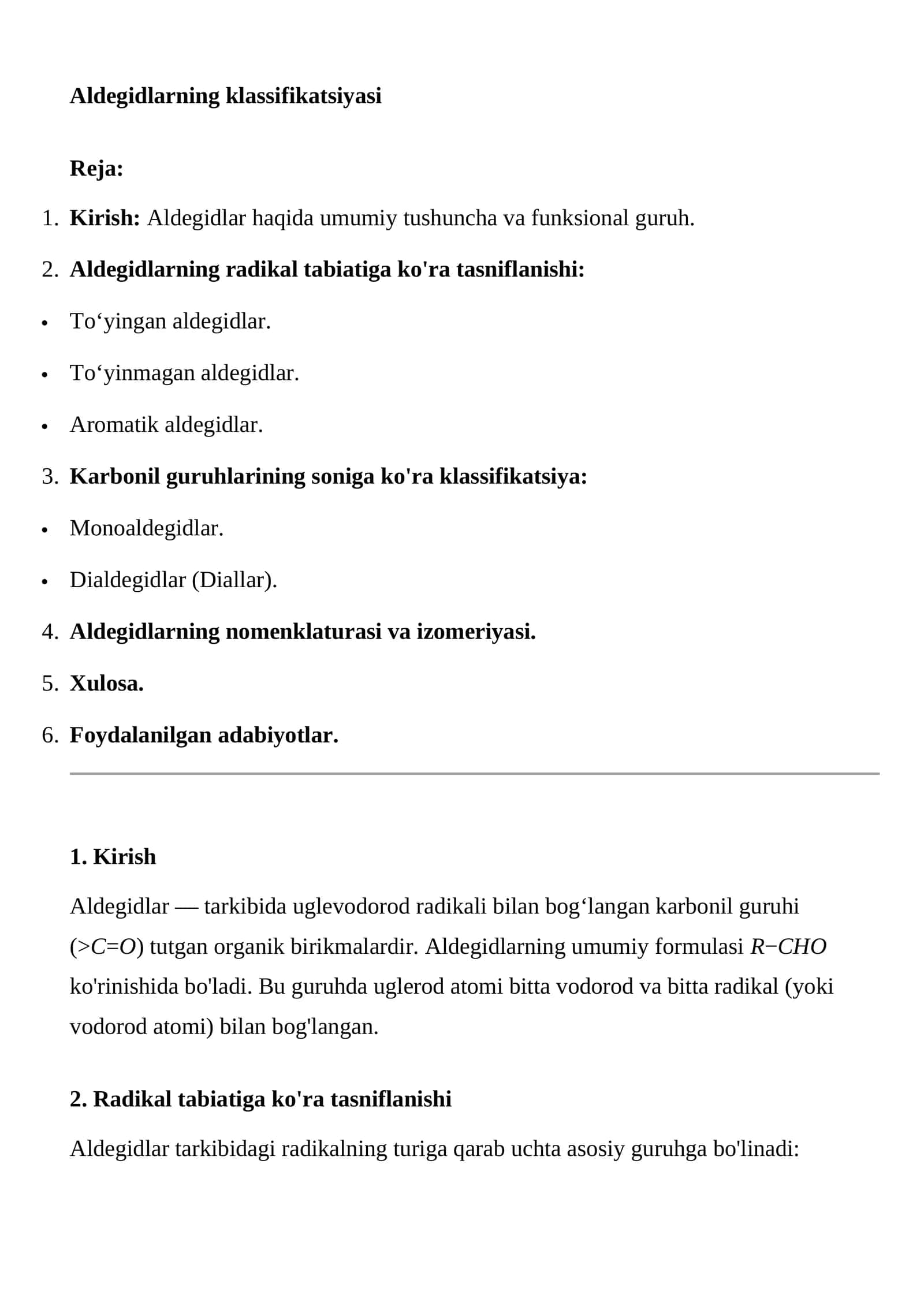 Aldegidlarning klassifikatsiyasi