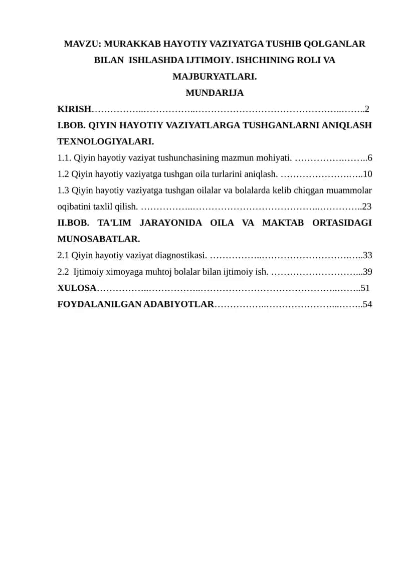 Qiyin hayotiy vaziyatga tushgan oilalar va bolalarda kelib chiqgan muammolar oqibatini taxlil qilish
