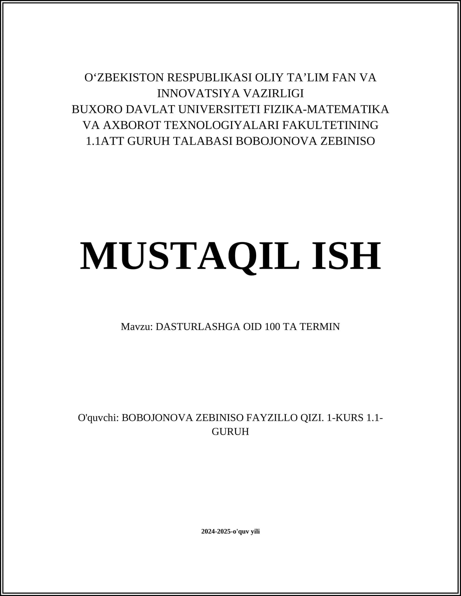 DASTURLASHGA OID 100 TA TERMIN