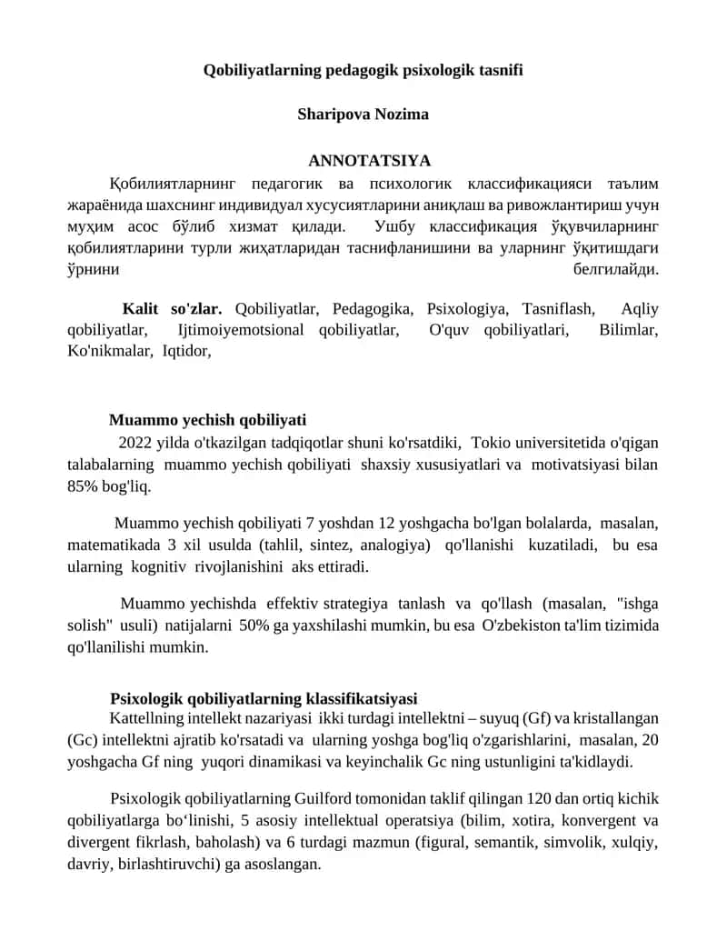 Qobiliyatlarning pedagogik psixologik tasnifi