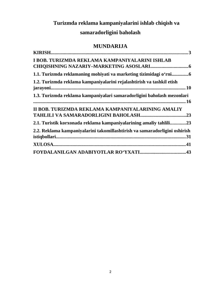 Turizmda reklama kampaniyalarini ishlab chiqish va samaradorligini baholash