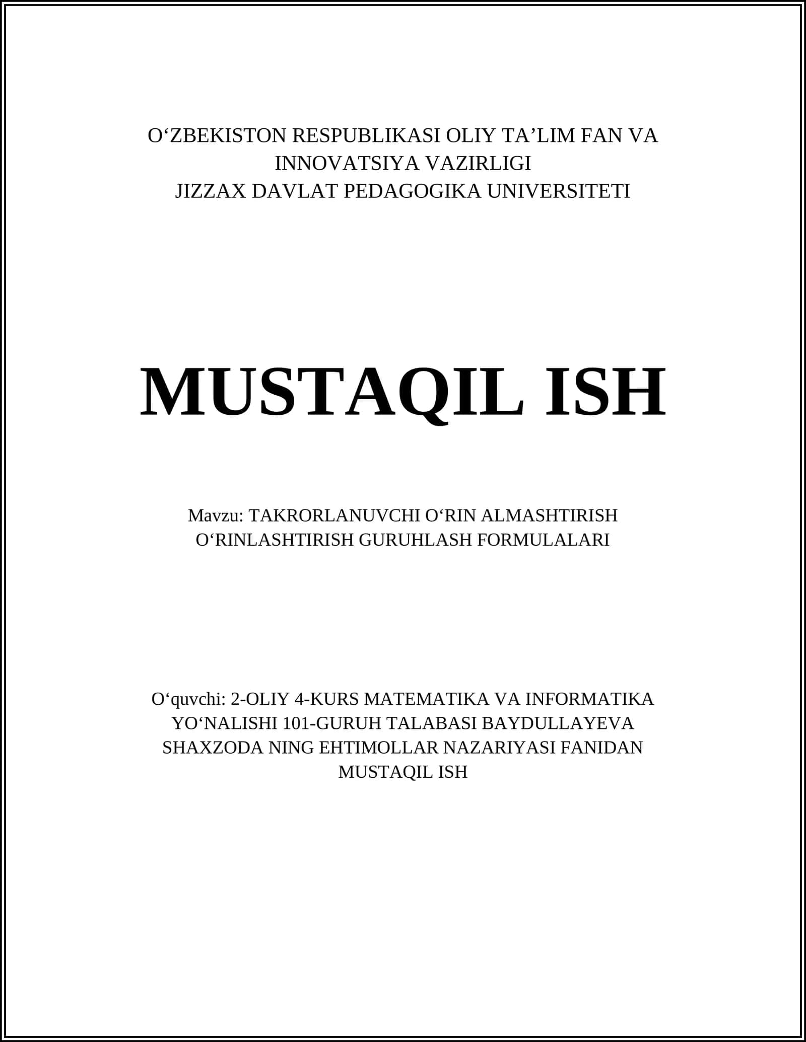 TAKRORLANUVCHI OʻRIN ALMASHTIRISH OʻRINLASHTIRISH GURUHLASH FORMULALARI