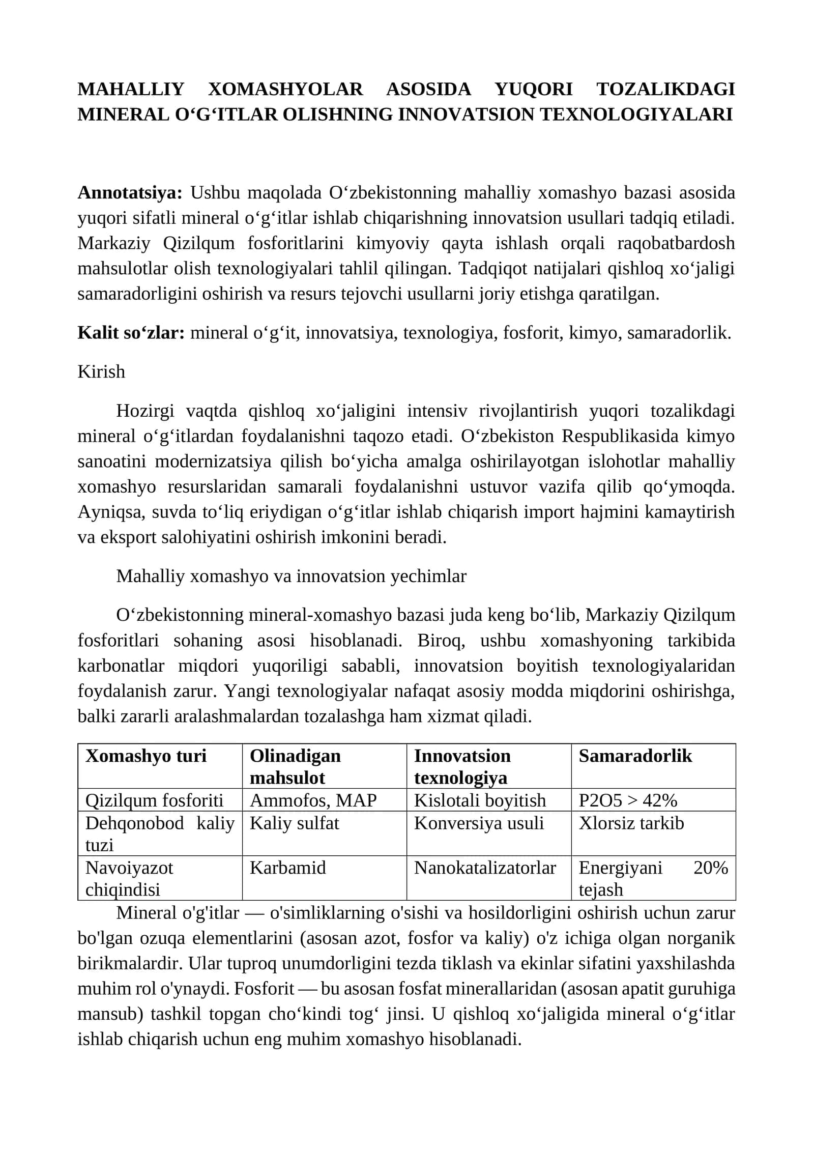 MAhallIY XOMASHYOLAR ASOSIDA YUQORI TOZALIKDAGI MINERAL O‘G‘ITLAR OLISHNING INNOVATSION TEXNOLOGIYALARI