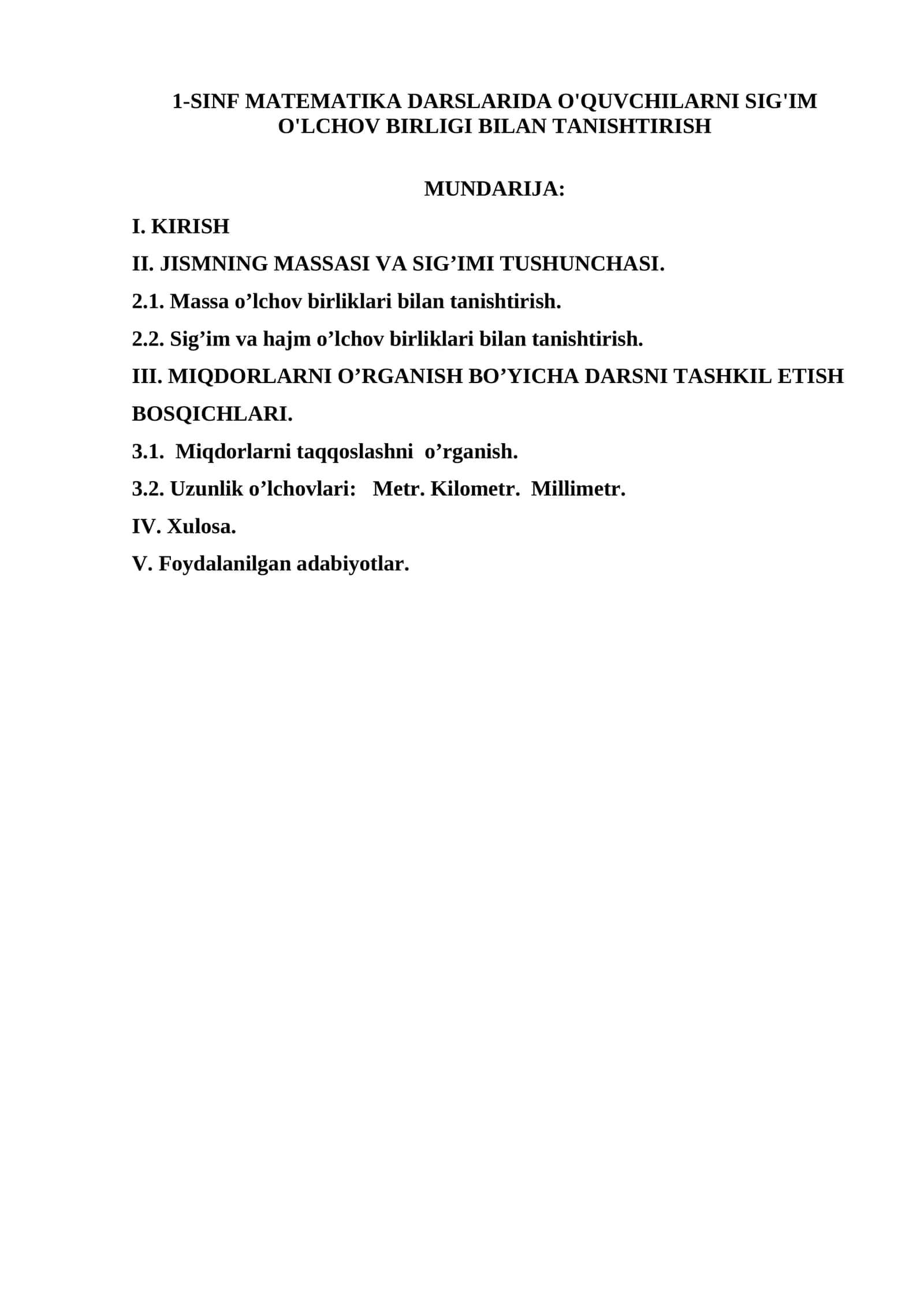 1-SINF MATEMATIKA DARSLARIDA O'QUVCHILARNI SIG'IM O'LCHOV BIRLIGI BILAN TANISHTIRISH