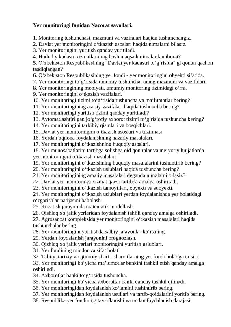 Yer monitoringi fanidan Nazorat savollari
