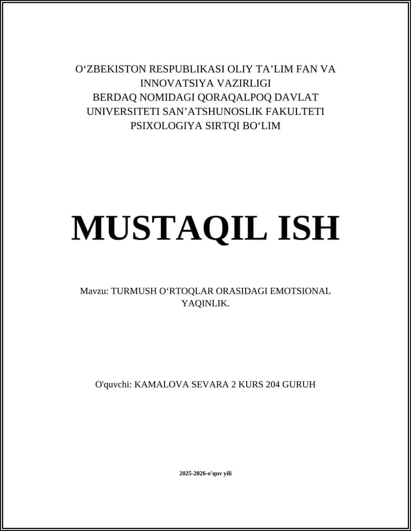 TURMUSH OʻRTOQLAR ORASIDAGI EMOTSIONAL YAQINLIK